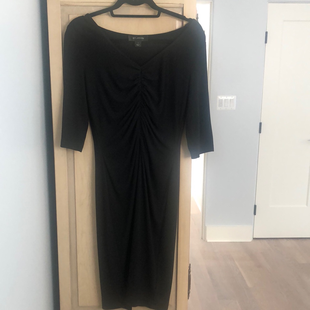 Size 8 Black Jersey St. John Dress. Ruched Front, 3/4 Sleeve, Side Zipper.